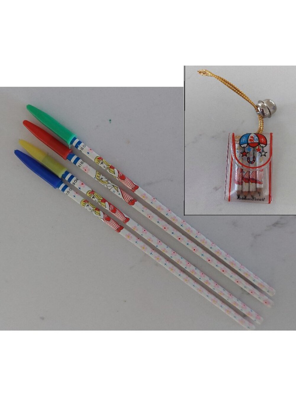 Vintage 80s Ribbon Pencil Stationery Set Japan Slim Thin & Mini Pencils in Case